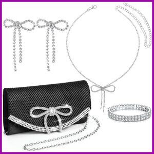 Rhinestone Evening Clutch Set with Bow Dangle Earrings Necklace Bracelet